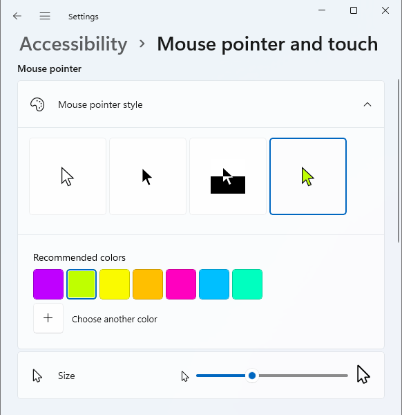 Change the mouse cursor size and color in Windows 11