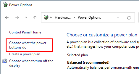 Choose what the power buttons do in Windows 11