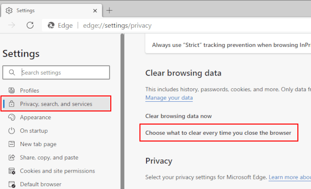 Choose what to clear every time you close the browser settings in Microsoft Edge