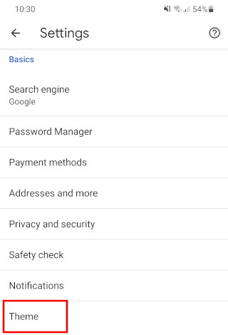Chrome for Android theme settings