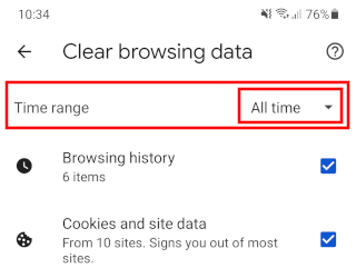 Chrome mobile browsing data time range