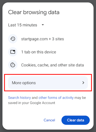 Chrome mobile more browsing data options
