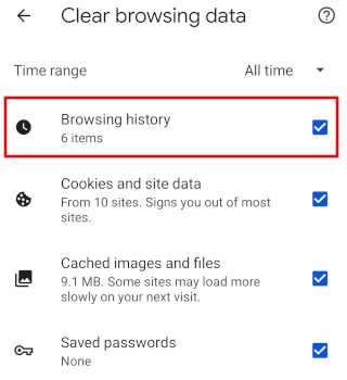 Chrome mobile select browsing data