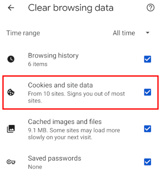 Chrome mobile select cookies and site data