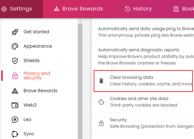 Clear browsing data in Brave browser