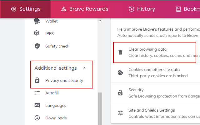 Clear browsing data in Brave browser