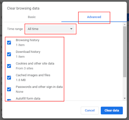 Clear browsing data in Google Chrome