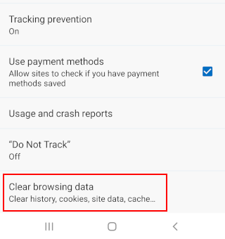 Clear browsing data option in Microsoft Edge on Android