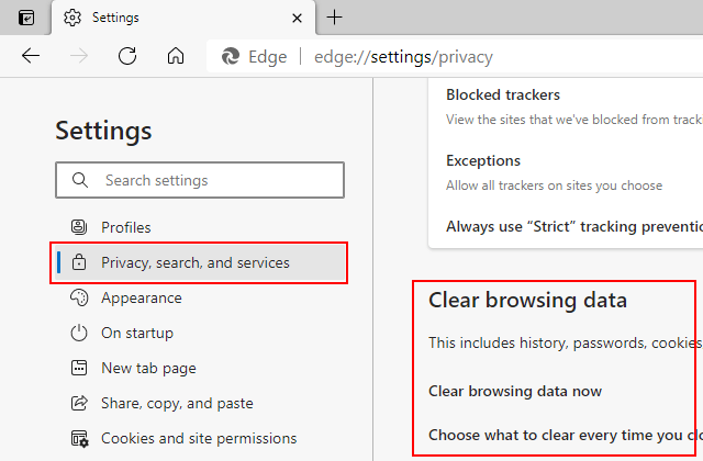 Effacer la section des données de navigation dans Microsoft Edge