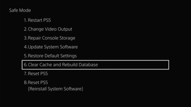 Clear Cache and Rebuild Database option in PS5 Safe Mode