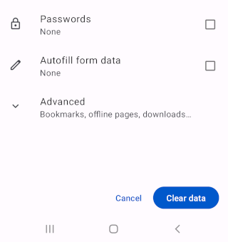 Clear data button in Opera mobile