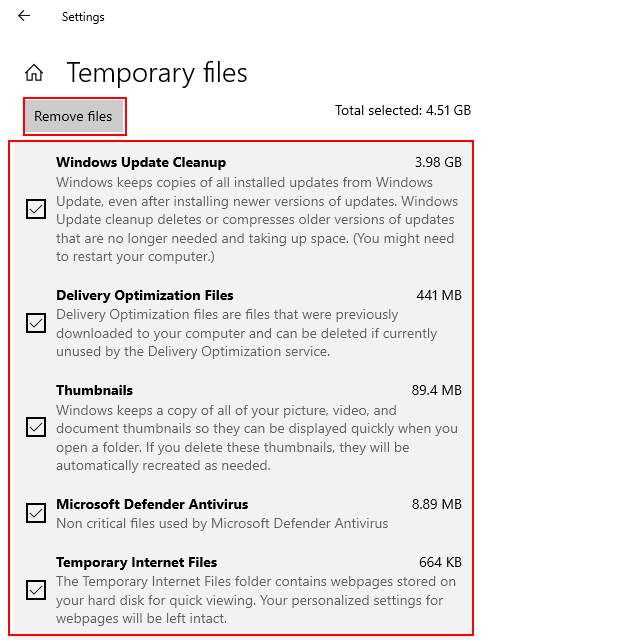 Clear the temporary files cache in Windows 10