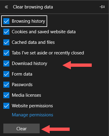 clear web browser's cache, cookies, and history in microsoft edge