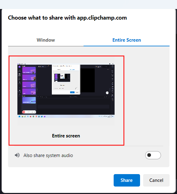 Clipchamp Entire screen option
