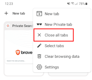 Close all tabs in Brave browser on Android
