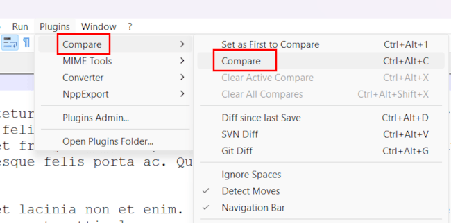 Compare files in Notepad++