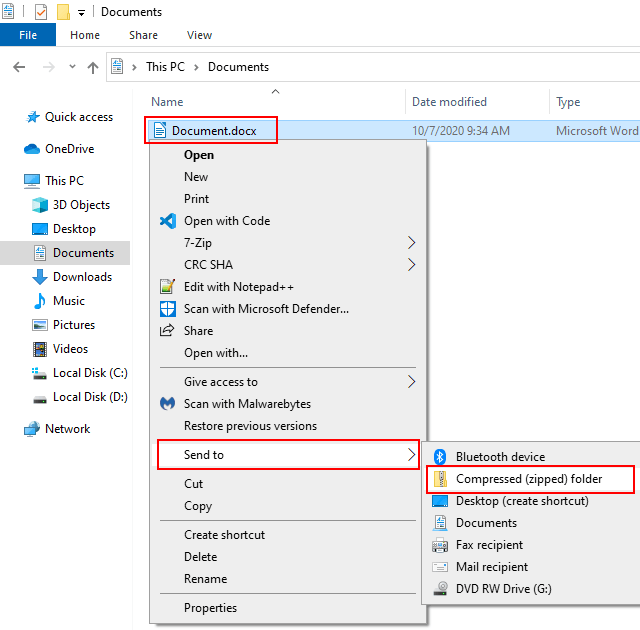 Compress a file or folder into a ZIP file in Windows 10