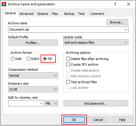 Compress a file or folder into a ZIP file using WinRAR