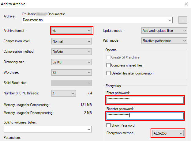 Compress a file or folder into a ZIP file with password protection using 7-Zip