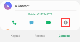 Contact information button on Samsung Galaxy Android 9