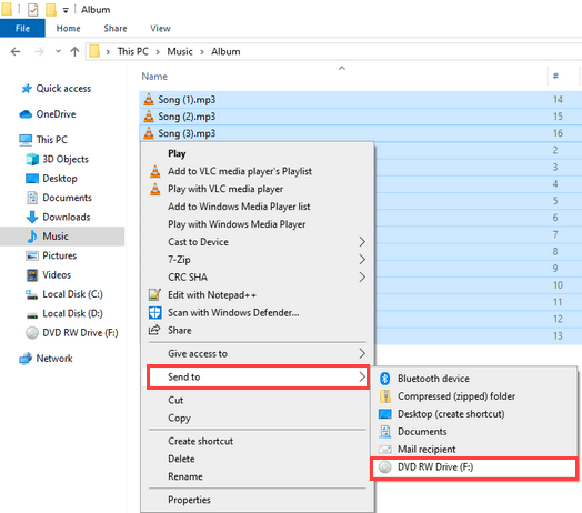Copy MP3 files to CD burner drive in Windows