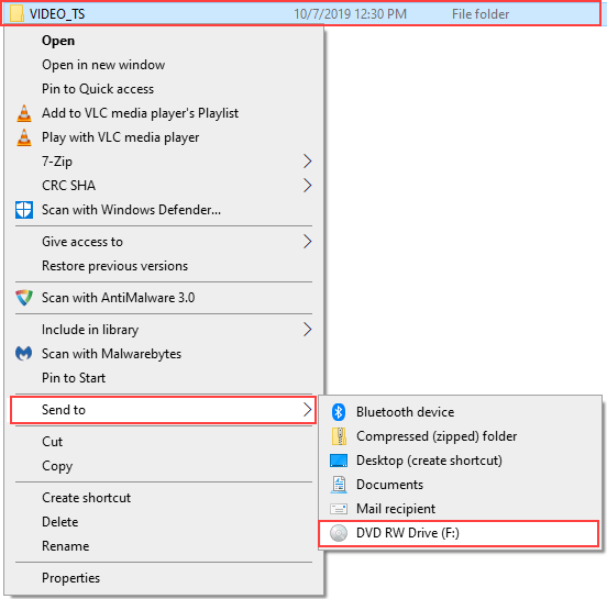 Copy Video_TS folder to DVD burner drive in Windows