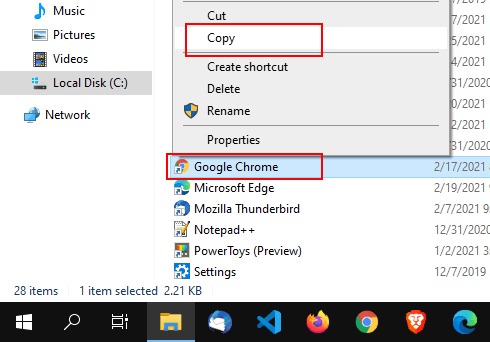 Copy web browser shortcut