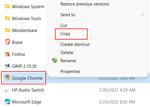 Copy web browser shortcut