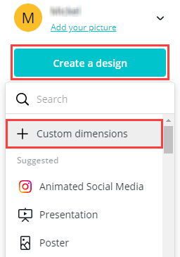 Create a new design on Canva with custom dimensions