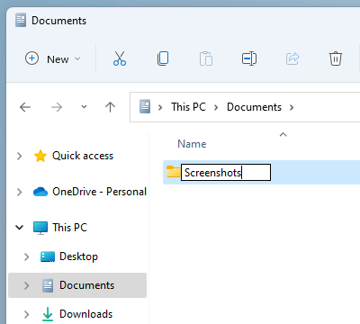 Create a new screenshots folder in Windows 11