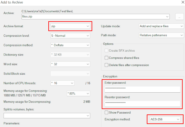 Create a password-protected ZIP file using 7-Zip