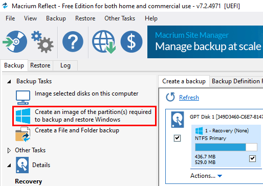 Create an image of the partition(s) required to backup and restore Windows in Macrium Reflect