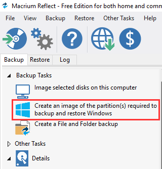 Create an image of the partition(s) required to backup and restore Windows with Macrium Reflect