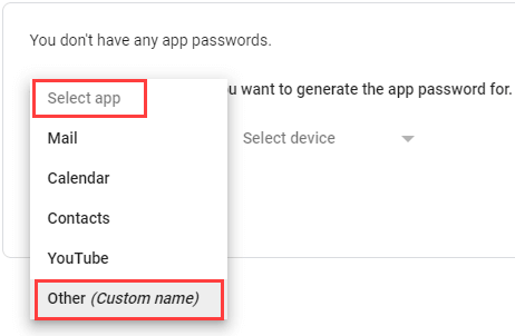 Create new app password for Google account