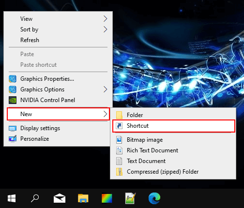 Create a new shortcut on desktop in Windows 10