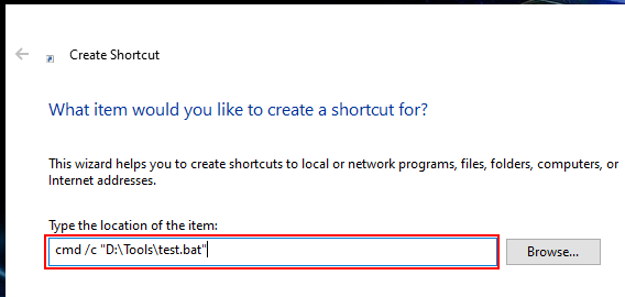 Create shortcut of batch file in Windows 10