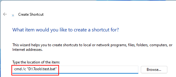 Create shortcut of batch file in Windows 11