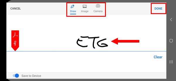 Create Signature window in Adobe Acrobat Reader on Android