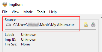 CUE file in Source section ImgBurn