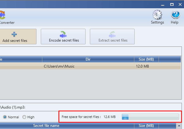 DeepSound Free space for secret files bar