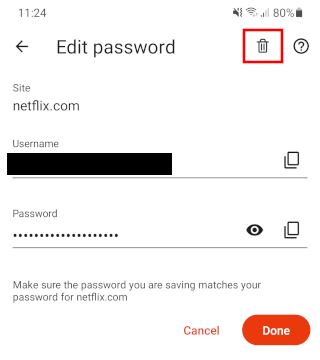 Delete a saved password in Brave browser on Android