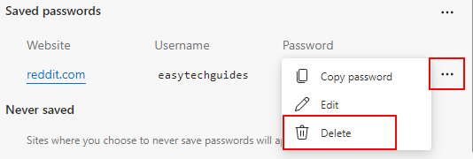 Delete a saved password in Microsoft Edge