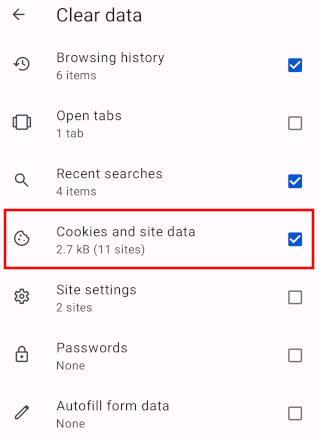 Delete cookies in Opera mobile