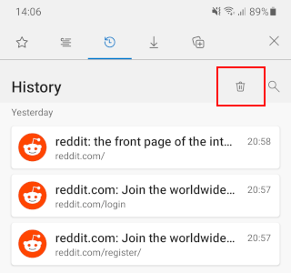 Bouton Supprimer l'historique dans Microsoft Edge sur Android