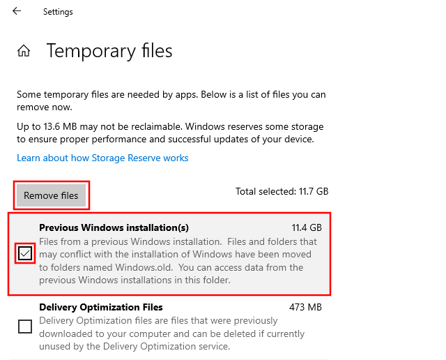 Delete previous Windows installations in Windows 10