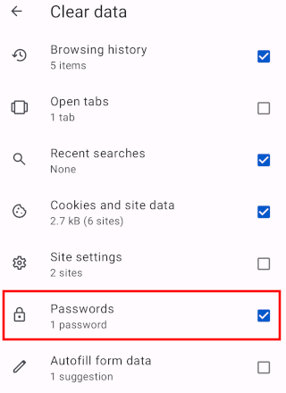 Delete saved passwords in Opera mobile