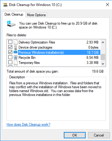 Delete Windows.old folder in Windows 10 using Disk Cleanup