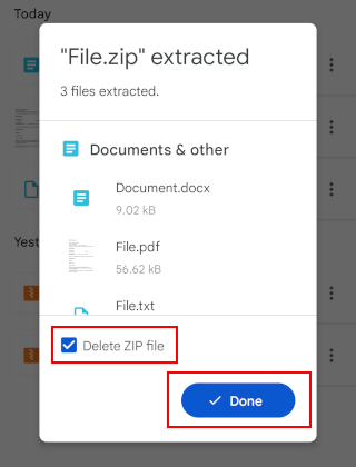 Delete ZIP file option and the Done button
