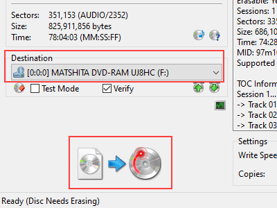 Destination setting and Write button in ImgBurn