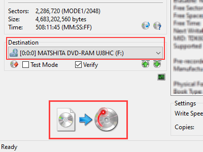 Destination setting and Write button in ImgBurn